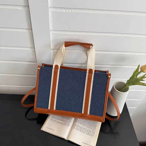 Bolso Tote de Denim Patchwork Vintage para Mujer Gran Capacidad Bolso de Hombro Color en Contraste Ribete de Cuero PU Bolso de Viaje