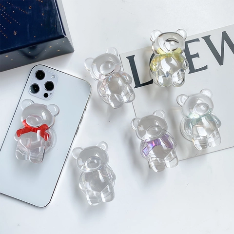 Supporto Per Telefono Orso Trasparente Carino Con Fiocco Colorato Resina Acrilica Universale Griptok Per Scrivania Smartphone
