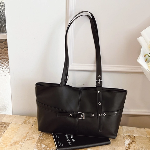 Bolso De Hombro De Cuero PU Vintage Bolso Tote Grande Con Ojales Metálicos Correa Ajustable Mujer Commuter