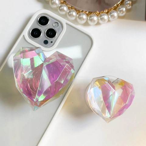 Soporte Para Teléfono Corazón Irisado Facetado Geométrico Resin Zócalo Extensible Para Escritorio Plegable Holográfico