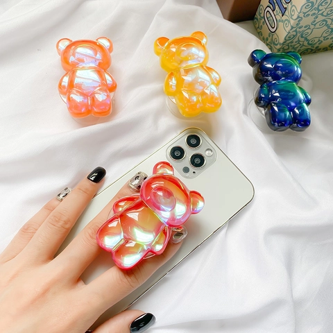 3D Cartoon Bär Handy Sockel Griptok Irisierende Galvanisierte Harz Einziehbare Handyhalterung Schreibtischständer Kawaii