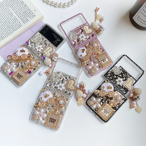 Funda Plegable De Lujo Con Diamantes Para Samsung Galaxy Z Flip Fold Serie Con Dije Colgante De Botella De Perfume Carruaje