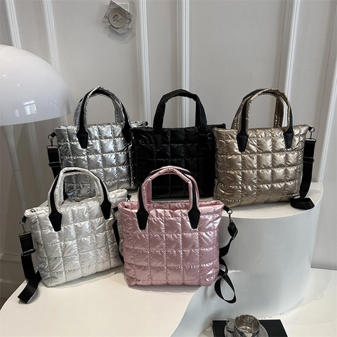 Metallic Quilted Tote Bag Padded Puffer Shoulder Crossbody Handbag For Women Large Capacity Casual Commuting