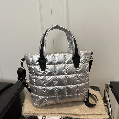 Metallic Quilted Tote Bag Padded Puffer Shoulder Crossbody Handbag For Women Large Capacity Casual Commuting