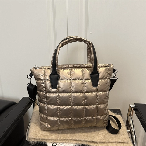 Damen Mode Gesteppte Puffer Einkaufstasche Metallic Glanz Gepolsterte Schultertasche Lässige Große Kapazität Handtasche