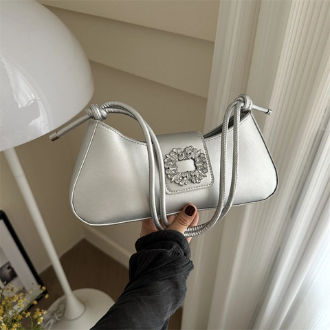 Rhinestone Square Buckle Baguette Bag PU Leather Underarm Shoulder Purse With Knotted Strap Retro Chic Handbag For Women