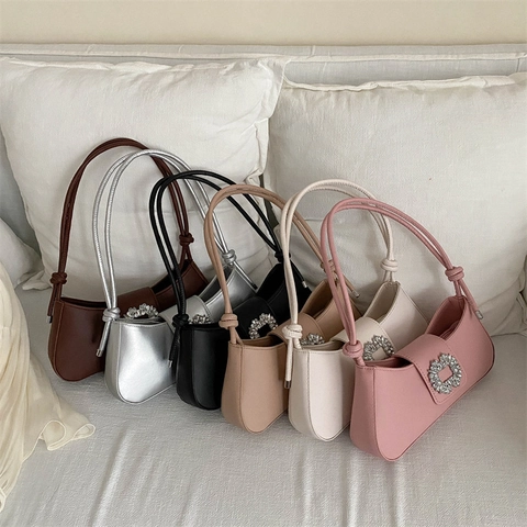 Rhinestone Square Buckle Baguette Bag PU Leather Underarm Shoulder Purse With Knotted Strap Retro Chic Handbag For Women