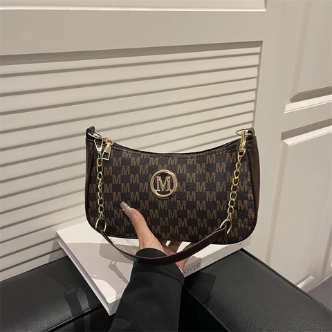Retro Hobo Umhängetasche Für Damen PU Leder Mit M Buchstaben Druck Rundem Gold Metal Logo Mode Unterarmtasche Mit Kette