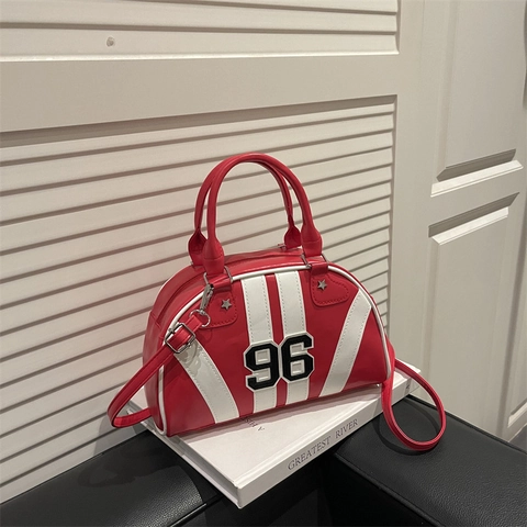 Borsa Boston Retrò Sportiva Pelle PU Strisce Patchwork Numerico Rivetti Stella Borsa A Mano Spalla Tracolla Donna