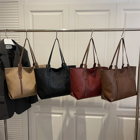 Woven Tote Bag PU Leather Large Capacity Underarm Shoulder Purse Solid Color Retro Commuter Fashion Office Handbag