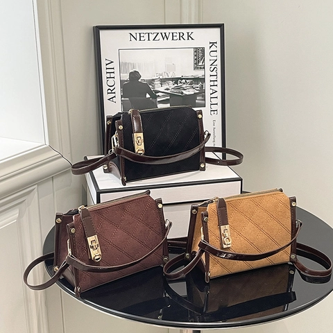 Vintage Quilted Diamond Grid Handbag For Women Korean Style Contrast Color Suede Square Shoulder Crossbody Bag With Metal Lock