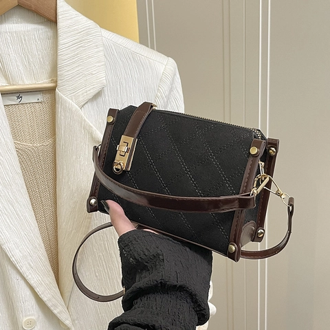 Women Quilted Crossbody Bag Retro Suede Contrast Handbag Small Square Shoulder Bag With Gold Twist Lock And Top Handle