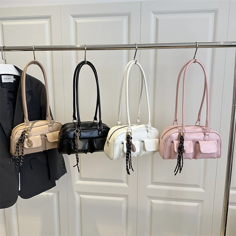 Minimalist PU Leather Shoulder Bag For Women Fashion Underarm Bag With Multi-Pocket Detail Solid Color Casual Handbag