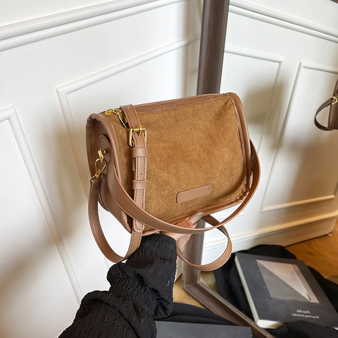 Borsa a Tracolla Vintage in Similcamoscio e Pelle Sintetica per Donna Casual Retro Borsa a Mano con Manico Oro Accessori