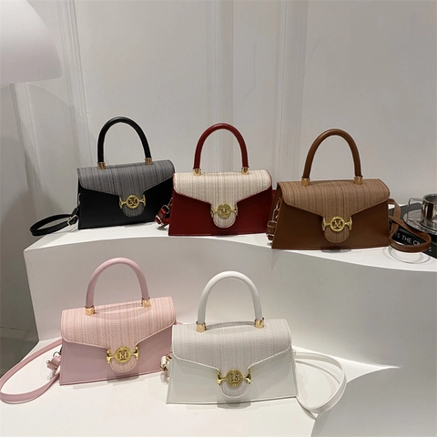 Women Retro Shoulder Bag PU Leather Tweed Contrast Handheld Crossbody Small Square Bag With Metallic Buckle Fashion
