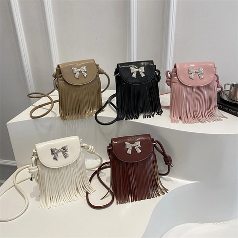 Vintage Dames Schoudertas Telefoontasje PU Leer Metalen Strik Decor Lange Franjes Tassel Kleine Vierkante Tas Magneetsluiting Veelzijdig