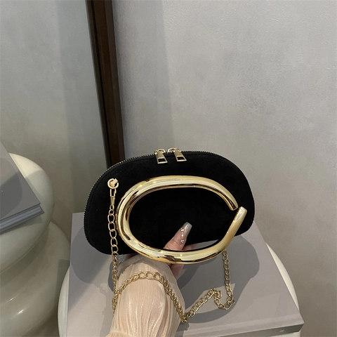 Women Suede Shoulder Bag With Large Gold Metal Handle Chain Crossbody Mini Evening Clutch Retro Fashion Accessories
