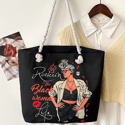 Women Canvas Tote Bag Large Capacity With Rope Handle African Woman Portrait Art Print Retro Casual Travel Handbag