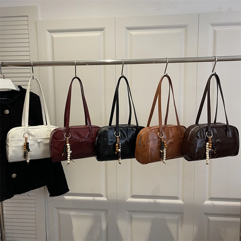 Borsa Sottobraccio in Pelle PU Retrò per Donna Minimalista Tinta Unita Borsa a Spalla Con Ciondolo Perline di Legno Versatile Moda Quotidiana