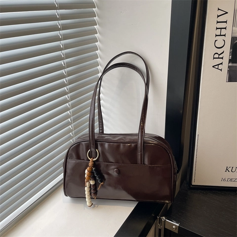 Sac À Épaule En Cuir PU Brillant Vintage Femme Sac À Main Fourre-tout Rectangulaire Avec Gland En Perles De Bois Style Rétro