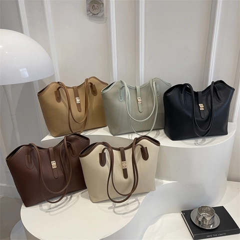Borsa Tote Grande Capacità Da Donna In Pelle Grana Litchi Minimalista Per Il Lavoro Con Chiusura In Metallo Elegante Borsa A Mano