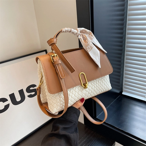 Women PU Leather Handbag Woven Texture Contrast Color Oval Metal Lock Scarf Handle Fashion Shoulder Crossbody Bag