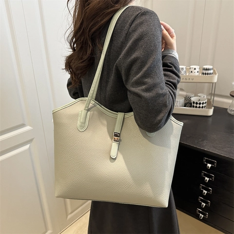 Borsa Tote Grande Capacità Da Donna In Pelle Grana Litchi Minimalista Per Il Lavoro Con Chiusura In Metallo Elegante Borsa A Mano