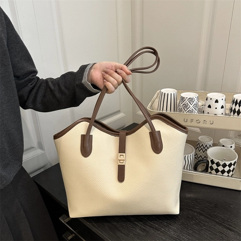 Women Large Capacity Lychee Grain PU Leather Tote Bag Fashion Urban Simple Commute Shoulder Bag With Metal Buckle Versatile Bag