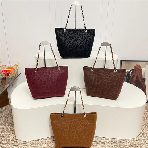 Leopardenmuster Tote Bag PU Wildleder Große Kapazität Pendler Schultertasche Mit Metallkettenriemen Vintage Mode Damen