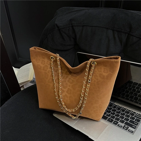Leopardenmuster Tote Bag PU Wildleder Große Kapazität Pendler Schultertasche Mit Metallkettenriemen Vintage Mode Damen