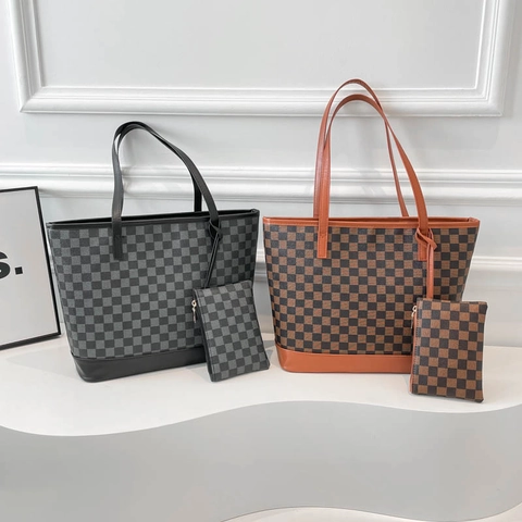Borsa Tote Da Donna Pelle PU Grande Capacità Stampa A Scacchi Borsa Da Pendolare E Piccola Pochette