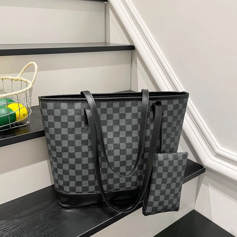 Borsa Tote Da Donna Pelle PU Grande Capacità Stampa A Scacchi Borsa Da Pendolare E Piccola Pochette