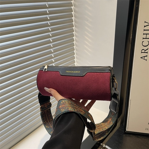 Dames Retro Suède Cilinder Crossbodytas Etnische Print Brede Schouderriem Patchwork Kleine Ronde Kussentas Dagelijks