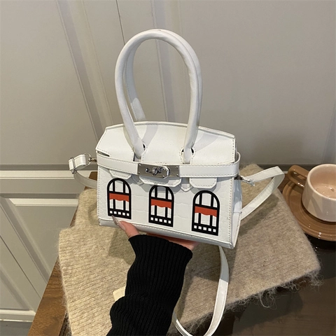 Sac À Main Femme Cuir PU Crocodile Imprimé Fenêtre Maison Architecture Luxe Sac Bandoulière Serrure Métallique