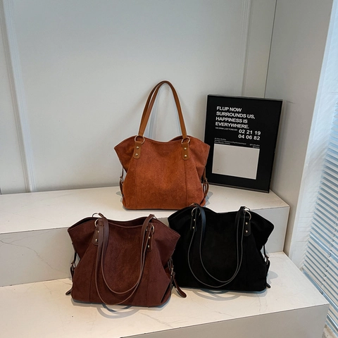 Vintage Suede Texture PU Leather Large Capacity Tote Bag For Women Minimalist Retro Shoulder Bag Solid Color Daily Commute