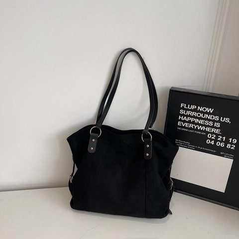 Vintage Suede Texture PU Leather Large Capacity Tote Bag For Women Minimalist Retro Shoulder Bag Solid Color Daily Commute