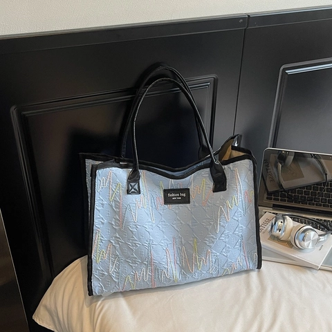 Bolso Tote de Cuero PU de Gran Capacidad Con Patrón de Ondas Bordado Rétro Para Mujer Bolso de Hombro Casual
