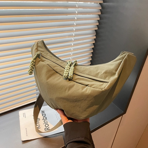Women Minimalist Half Moon Crossbody Bag Nylon Casual Commute Hobo Shoulder Bag With Braided Zipper Pulls Lightweight