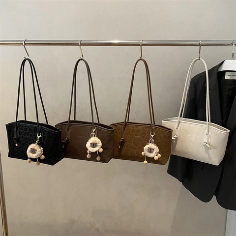 Leopard Print PU Leather Tote Bag Large Capacity Underarm Shoulder Bag Women Commute Fashion With Knotted Strap Pendant
