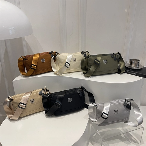 Women Shoulder Crossbody Bag Nylon Lightweight Bear Patch Adjustable Wide Strap Casual Daily Messenger Bag