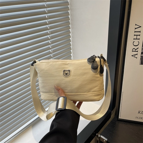 Women Shoulder Crossbody Bag Nylon Lightweight Bear Patch Adjustable Wide Strap Casual Daily Messenger Bag