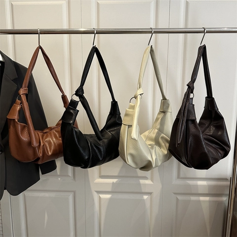 Borsa a Spalla Donna in Pelle PU Vintage Grande Capacità Hobo Plissettata Borsa a Tracolla Cinturino con Nodo Minimalista