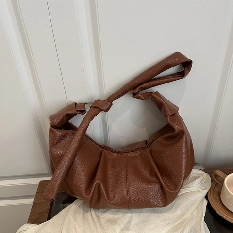 Large Capacity Hobo Shoulder Bag PU Leather Pleated Design Knot Strap Vintage Style Casual Tote Handbag For Women