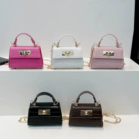 Mini Handbag Croc-Embossed PU Leather Gold Chain Strap Top Handle Retro Elegant Women Chic Crossbody Small Square Bag