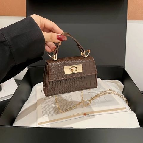 Mini Handbag Croc-Embossed PU Leather Gold Chain Strap Top Handle Retro Elegant Women Chic Crossbody Small Square Bag