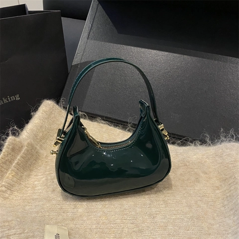 Mini Crescent Shoulder Bag Patent Leather French Style Solid Color Gold Hardware Minimalist Underarm Hobo Bag For Women