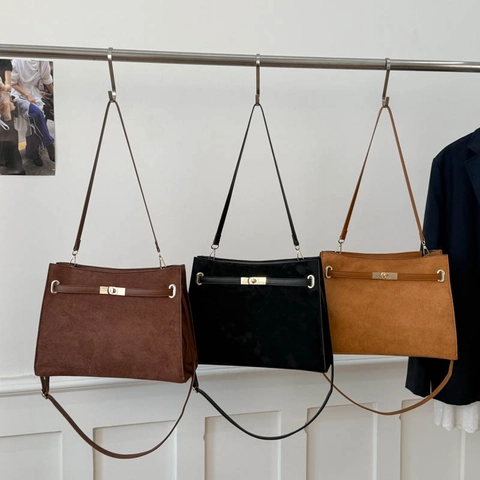 Borsa A Spalla Da Donna Texture Scamosciata Opaca Grande Capacità Chiusura A Girello Elegante Retro Borsa Pendolare