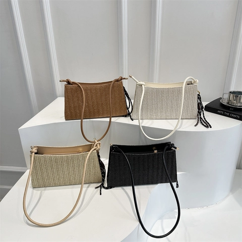 Women Woven Straw Shoulder Bag Retro Square Crossbody Bag With Tassel Pendant Niche Design Casual Fashion Handbag Vacation