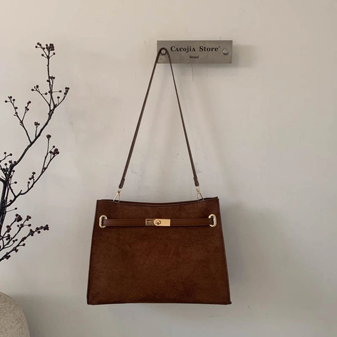 Bolso Tote de Mujer Retro Efecto Ante PU Bolso de Hombro Minimalista Gran Capacidad Bolso de Mano Cierre de Giro Dorado Diario