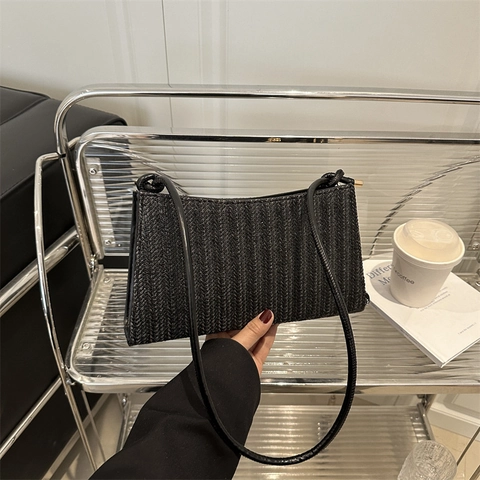 Women Woven Underarm Bag Minimalist Herringbone Pattern Shoulder Bag Fashion Solid Color Handbag With Knot Strap Elegant Purse